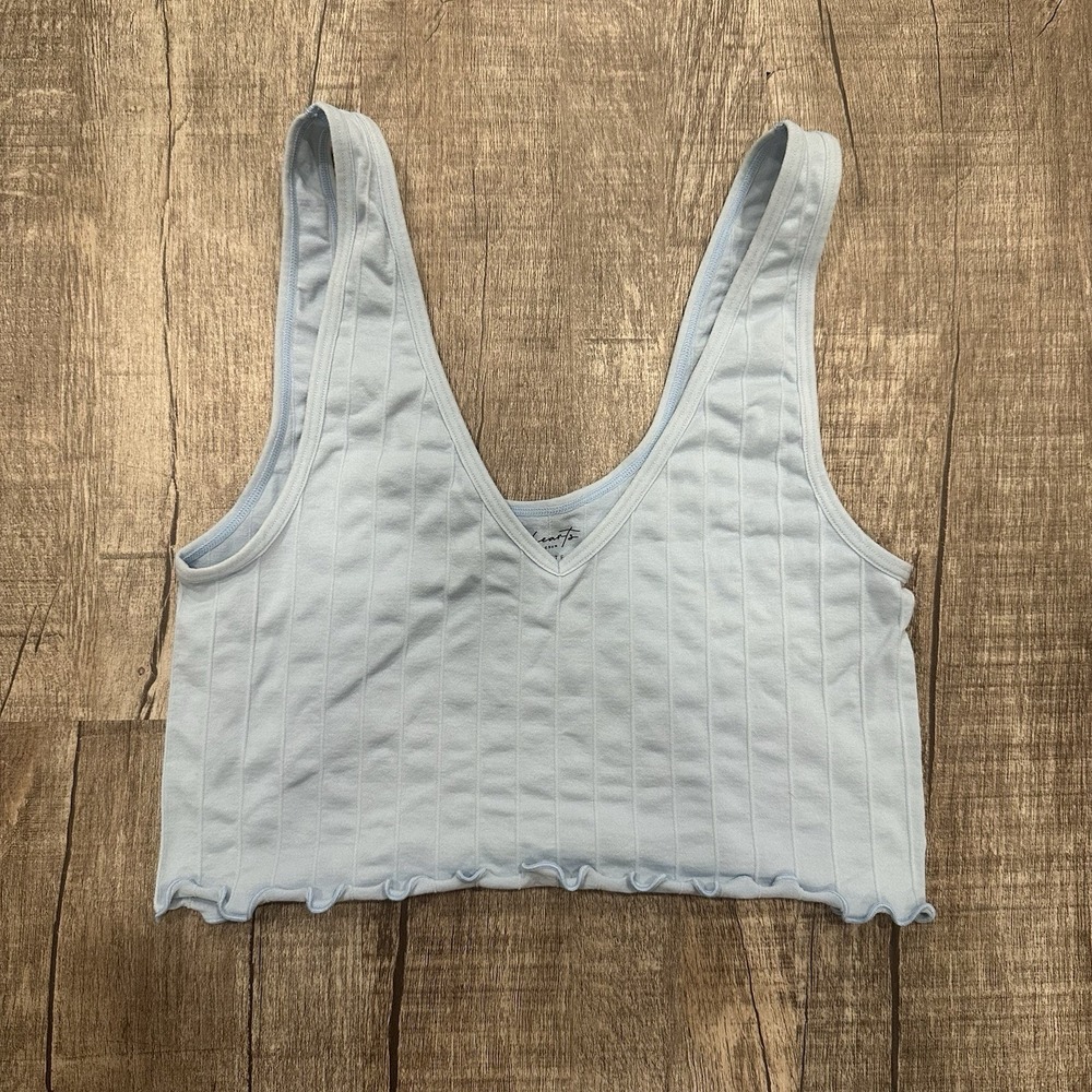 LA Hearts by PacSun Blue Ribbed Crop Tank Top Lettuce Hem V-Neck Women's M Y2K - Picture 1 of 6